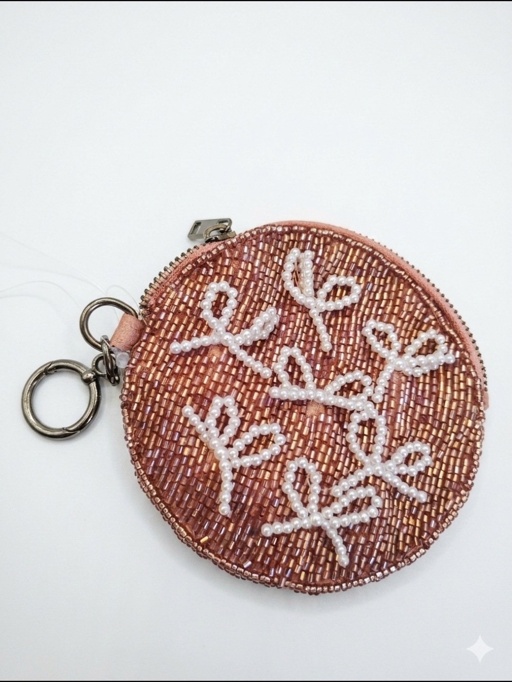 On 34th Nwt Beaded Round Coin Purse Keychain - Rose Gold with White Bead Flowers